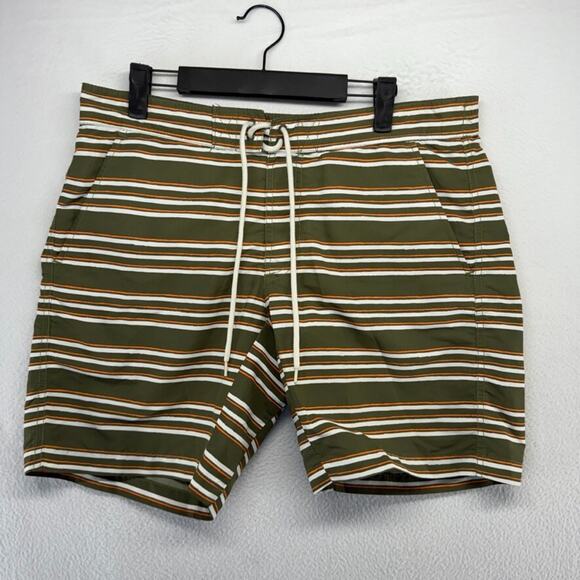 Uniqlo Swim Trunks Men's medium Green Orange Striped Pockets Lined Surf 8 inch - Picture 1 of 9